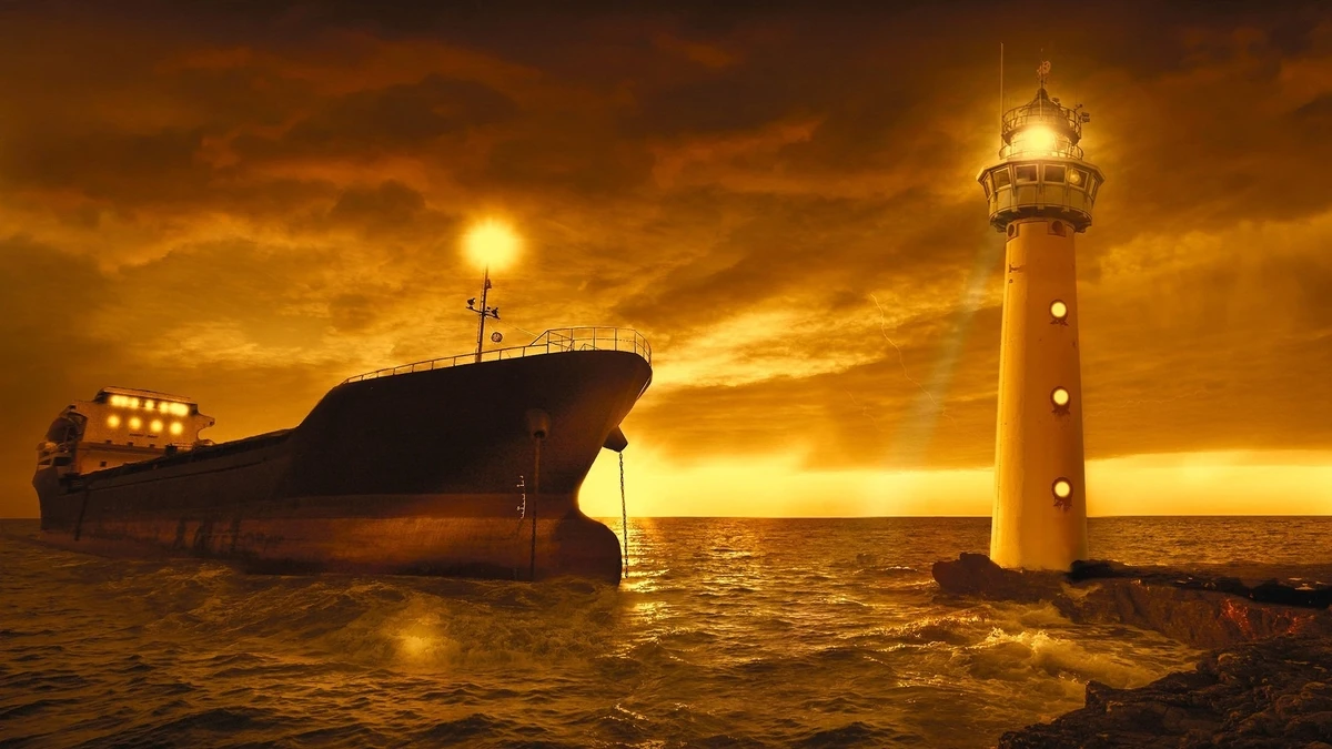 Leuchtturm und Schiff  - Desktop 4K Hintergrundbilder