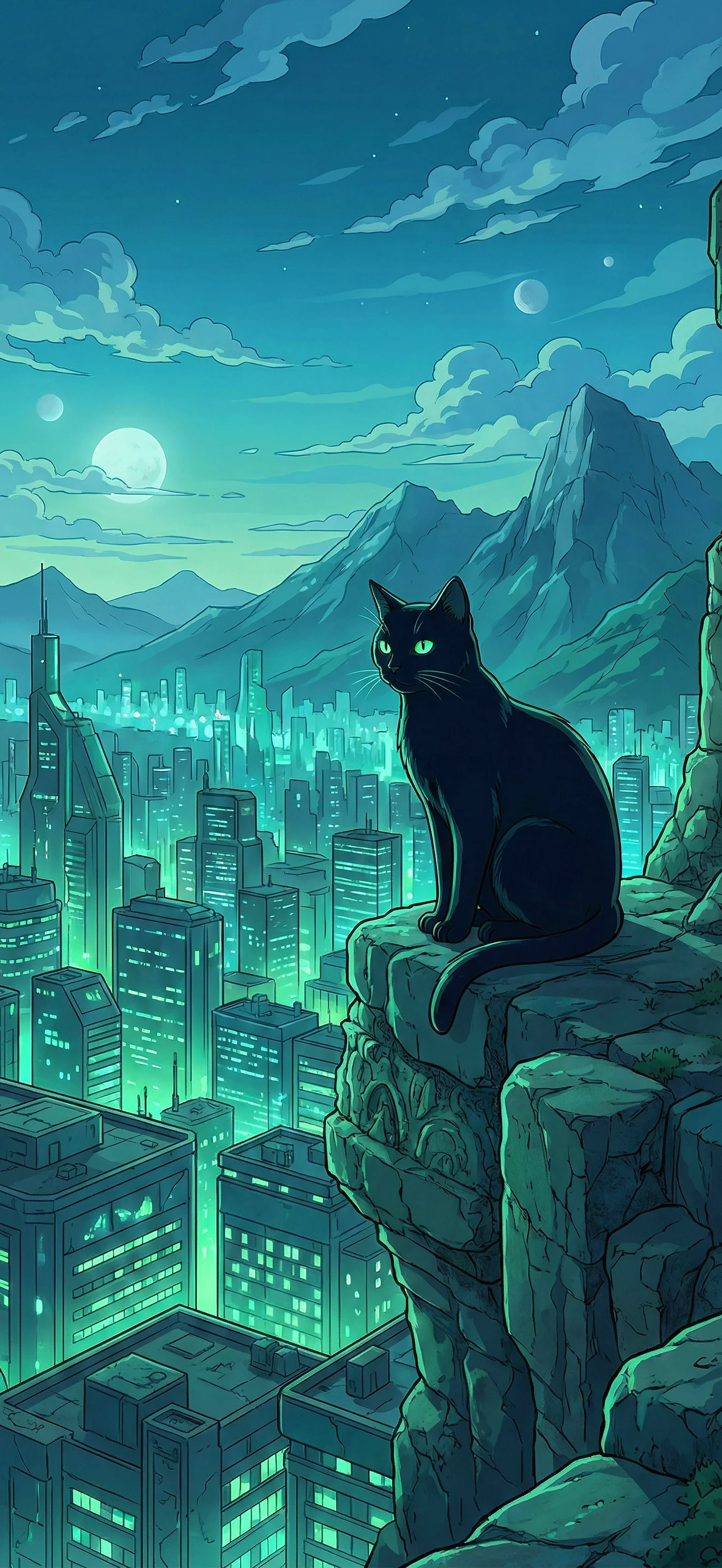 Cyberpunk Anime Handy Hintergrund: Schwarze Katze sitzt auf Klippe vor futuristischer Stadt mit neon-türkisen Lichtern bei Nacht