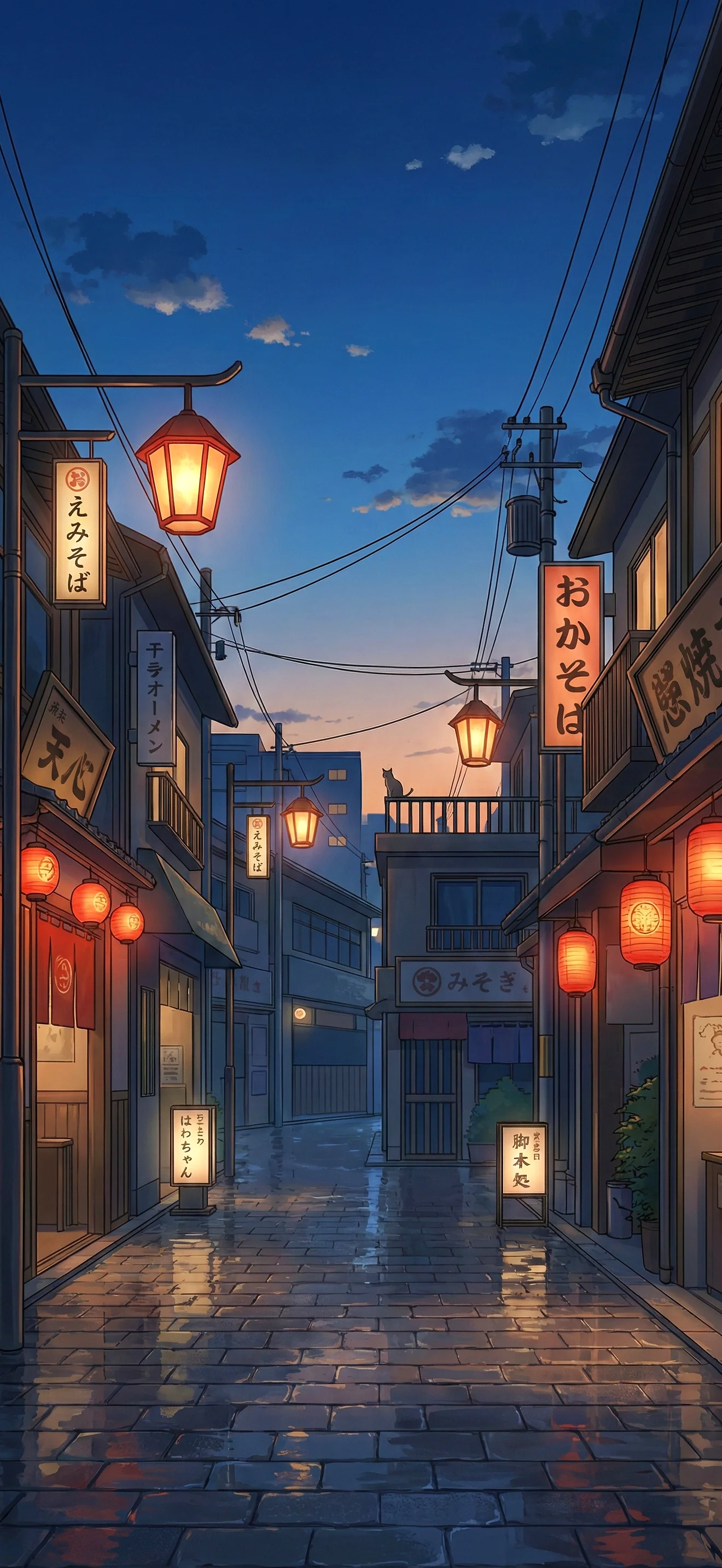 Anime Handy Hintergrund: Japanische Straße bei Nacht mit leuchtenden Laternen, nassen Pflastersteinen und einer Katze auf dem Dach