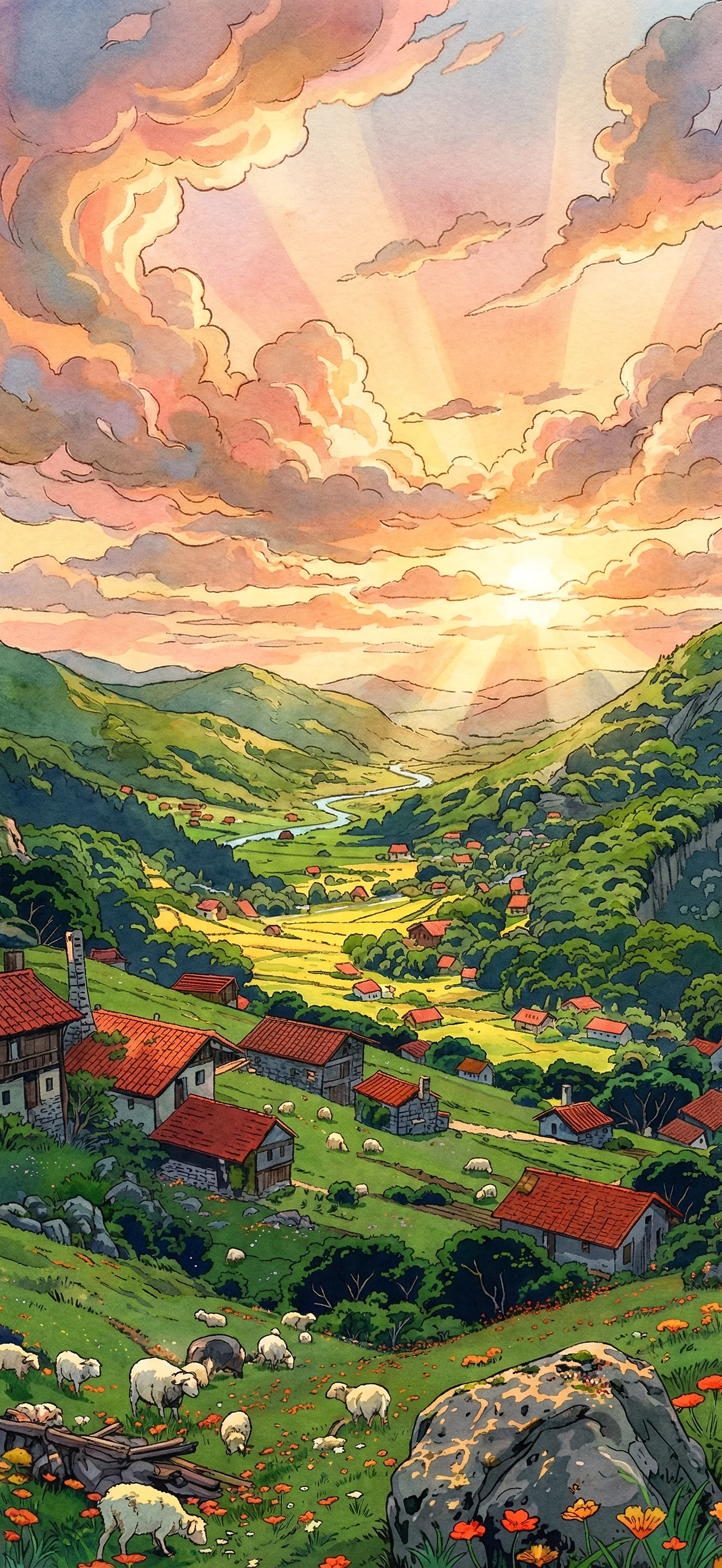 Aquarell Handy Hintergrundbild: Idyllisches grünes Tal mit Schafen, einem Dorf und dramatischem Sonnenuntergang im Hochformat