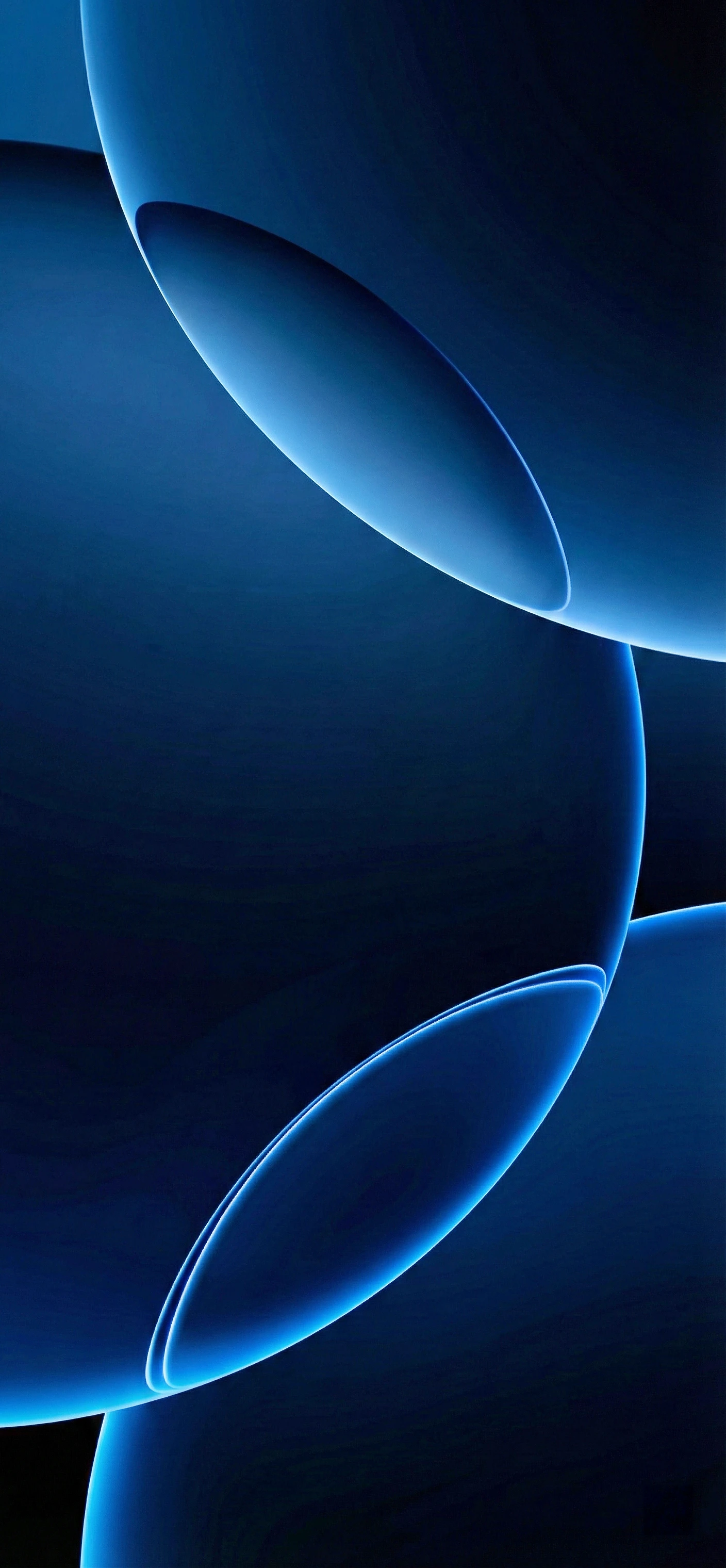 Abstrakte dunkelblaue Kugeln und geometrische Formen mit hellblau leuchtenden Rändern auf schwarzem Hintergrund – minimalistisches iPhone Hintergrundbild.