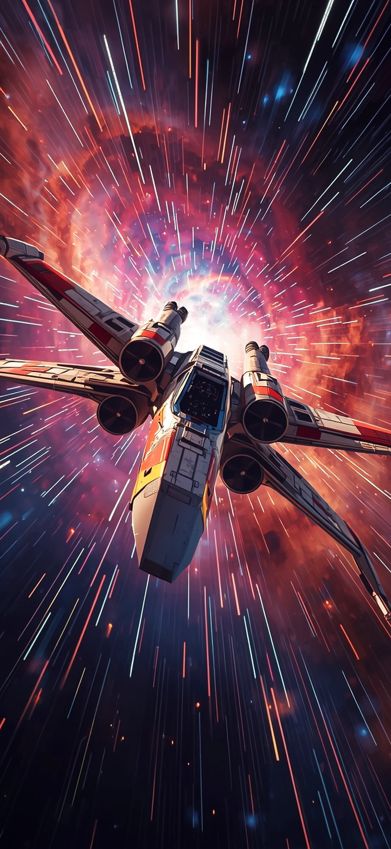 Ein dynamisches Star Wars Hintergrundbild, das einen X-Wing Sternenjäger beim schnellen Sprung in den Hyperraum zeigt.