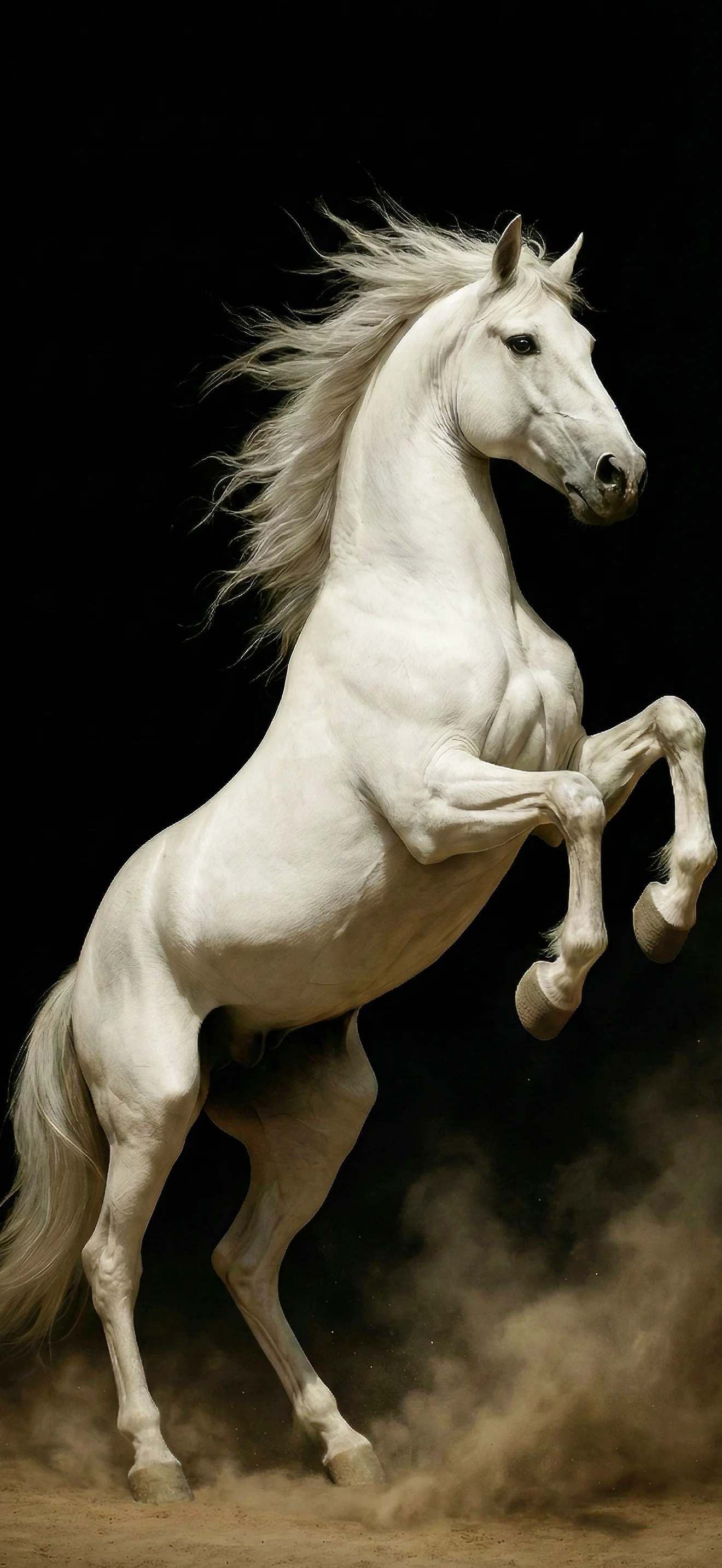 4K Handy Hintergrundbild eines kraftvoll steigenden weißen Pferdes vor schwarzem Hintergrund mit aufwirbelndem Staub.