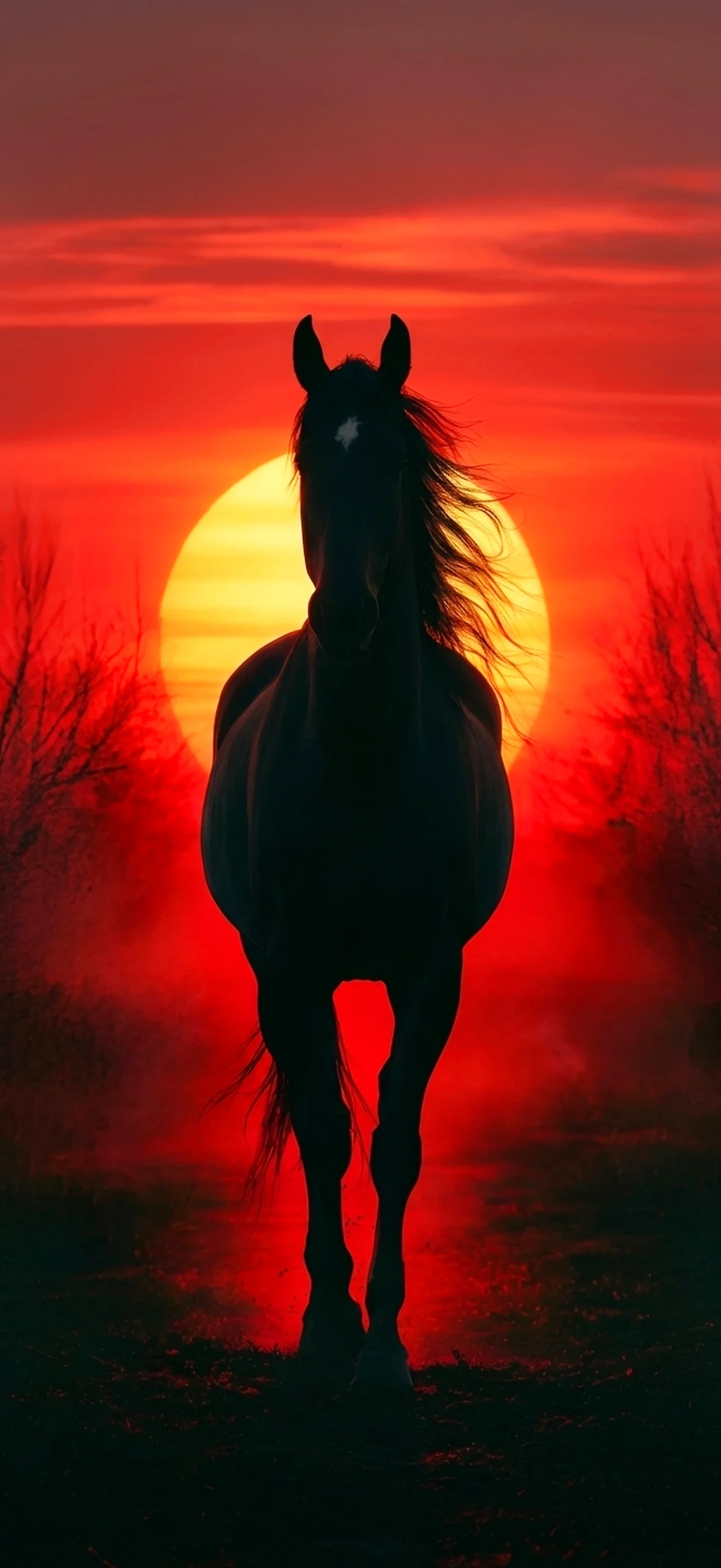 Schwarzes Pferd Silhouette vor großer roter Sonne und Sonnenuntergang - Handy Wallpaper