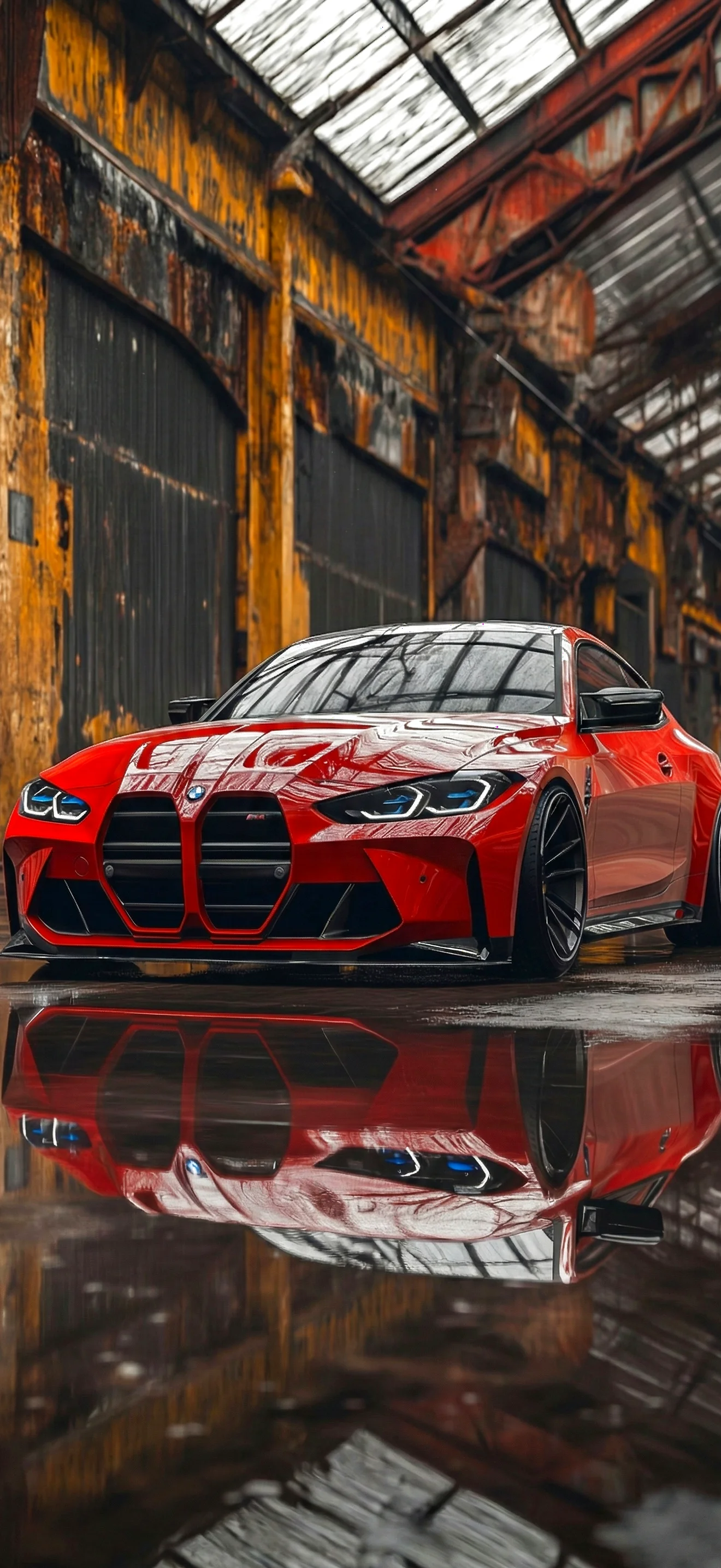 Roter BMW M4 Competition, vertikales 4K Wallpaper für Handy, spiegelt sich im Wasser