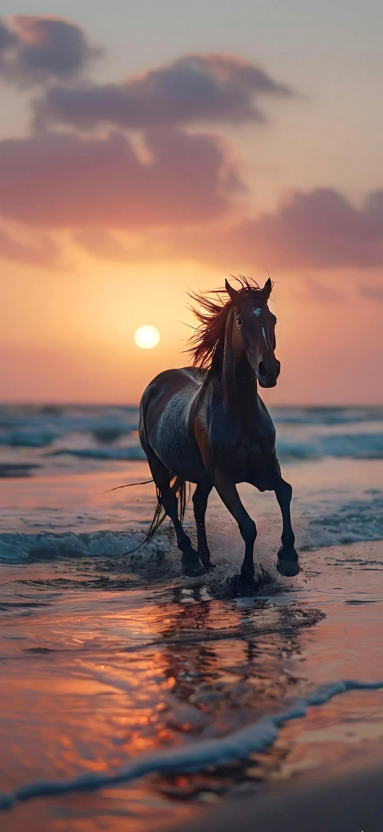 Schwarzes Pferd galoppiert am Strand Sonnenuntergang - Handy Hintergrundbild