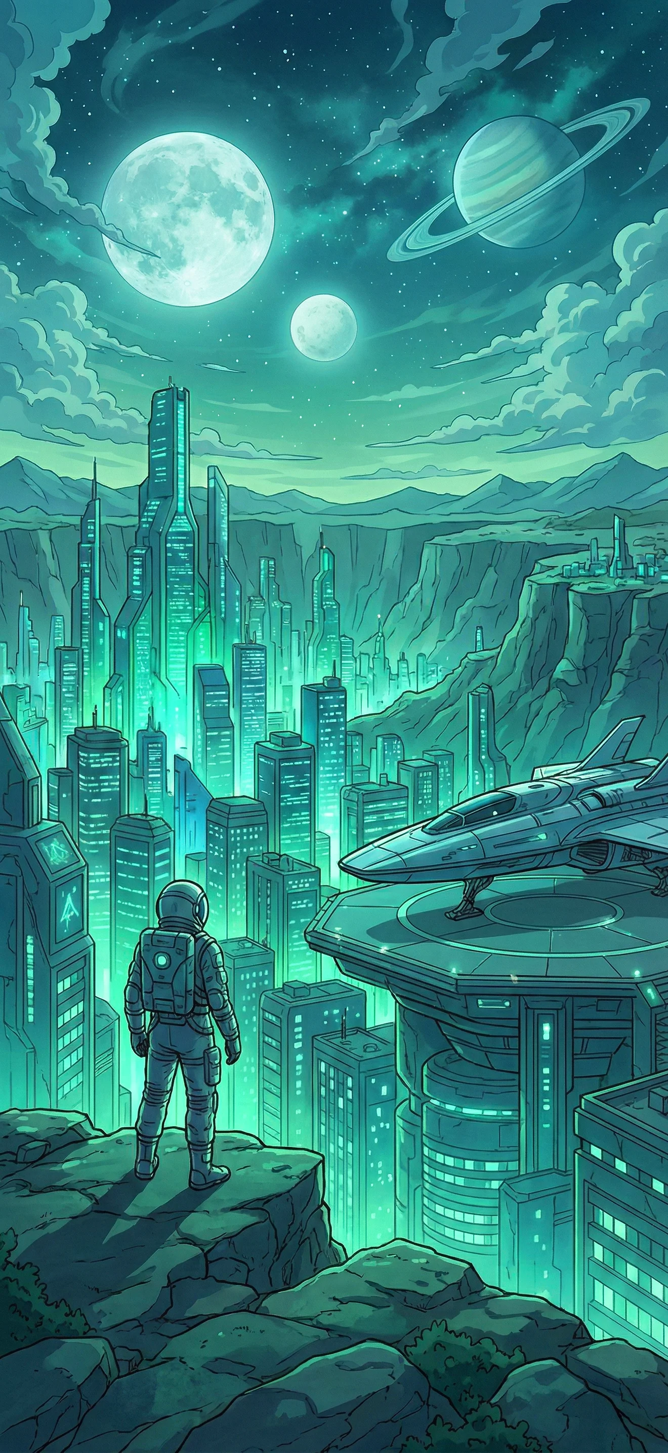 Sci-Fi Handy Hintergrund: Astronaut steht auf einer Klippe vor einer futuristischen Stadt auf einem fremden Planeten mit Monden und Raumschiff