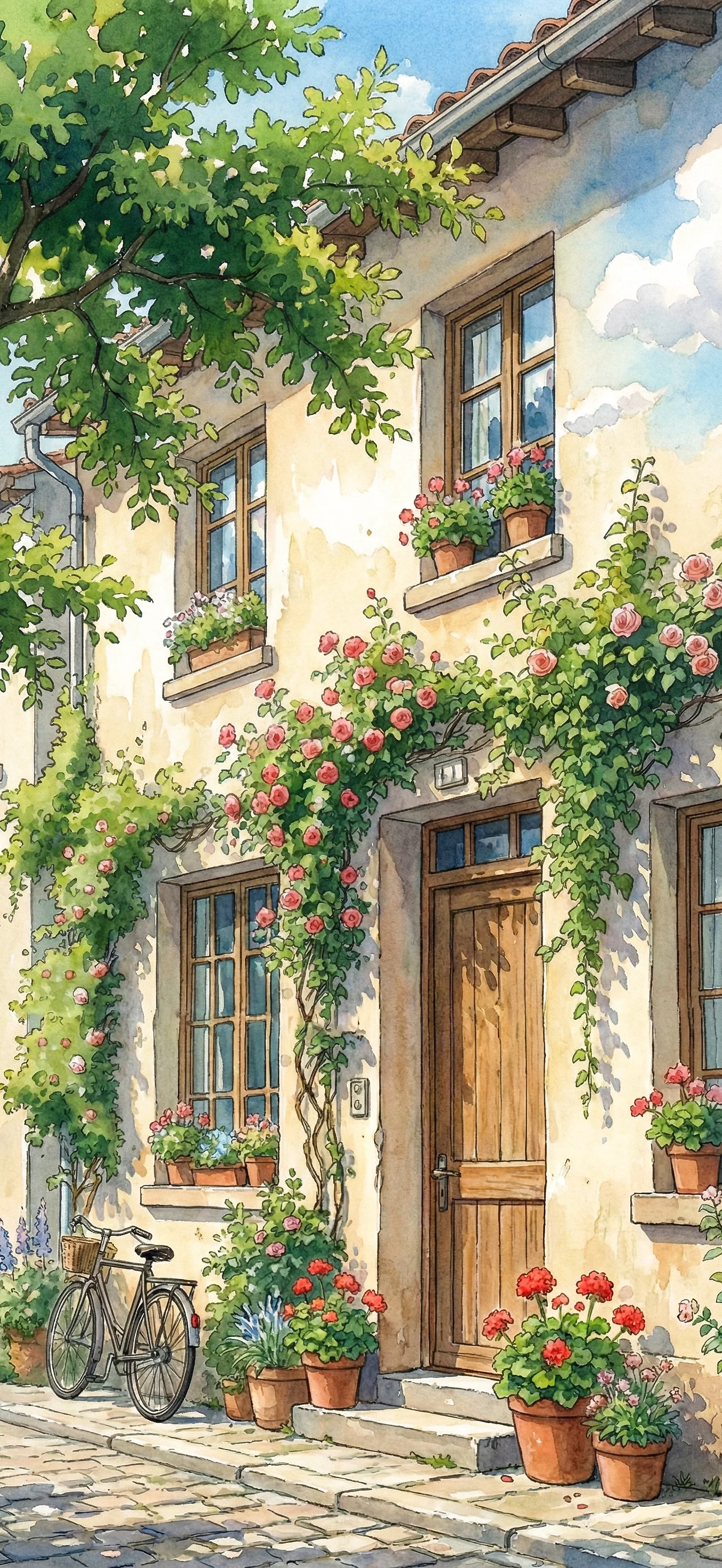Aquarell Handy Hintergrund: Vintage Hausfassade mit roten Kletterrosen, einem Fahrrad und Topfpflanzen im Sommer