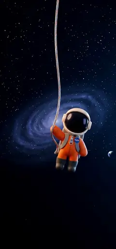 Ein niedlicher 3D-Astronaut in einem leuchtend orangefarbenen Anzug hält sich an einem Seil fest, während im Hintergrund eine blaue Spiralgalaxie und Sterne leuchten.