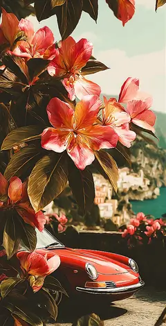 Aesthetic Blumen Wallpaper mit rotem Vintage Sportwagen und mediterraner Landschaft im Hintergrund