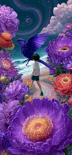 Surreales Aesthetic Hintergrundbild für das Handy mit einer antiken Statue, Wolken und Planeten in verträumten Farben.