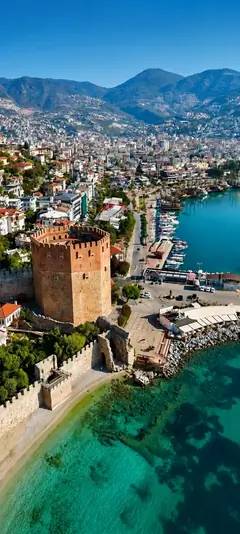 Alanya in der Türkei mit Rotem Turm türkisblauem Meer Hafen Stadtblick und Bergen als sonniges Hintergrundbild