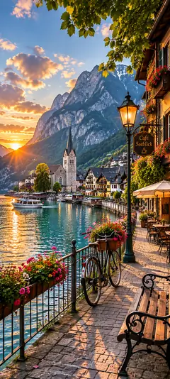 Alpenstadt am See mit Bergen und Sonnenuntergang als 4K Handy Hintergrundbilder