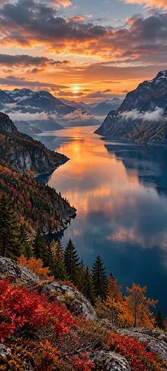 Alpensee zwischen hohen Bergen bei Sonnenuntergang mit orangefarbenem Himmel und herbstlicher Landschaft als 4K Hintergrundbild