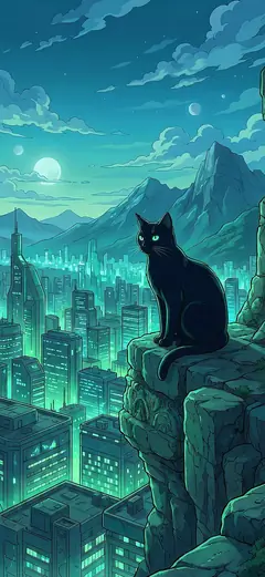 Cyberpunk Anime Handy Hintergrund: Schwarze Katze sitzt auf Klippe vor futuristischer Stadt mit neon-türkisen Lichtern bei Nacht