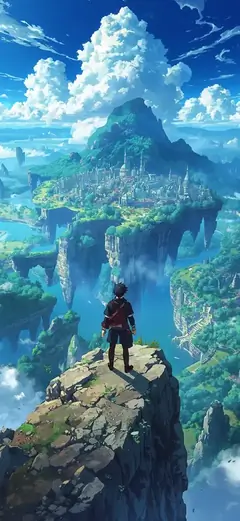 Anime Handy Wallpaper: Abenteurer blickt auf eine fantastische Stadt auf schwebenden Inseln.