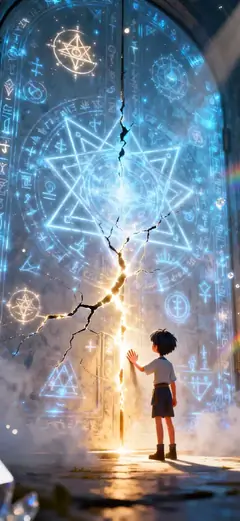 Anime Hintergrundbild: Ein Kind vor einem gigantischen, magisch leuchtenden Steintor mit Runen.