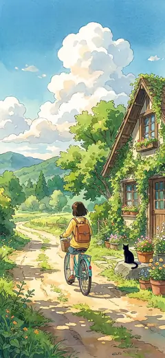 Anime Handy Hintergrund: Mädchen fährt Fahrrad auf einem Feldweg neben einem Haus, mit Cumulus-Wolken und schwarzer Katze im Sommer