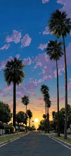 Vertikaler Handy-Hintergrund im Anime-Stil: Eine ruhige Vorstadtstraße gesäumt von Palmen-Silhouetten bei einem farbenfrohen Sonnenuntergang mit lila Wolken und einem beginnenden Sternenhimmel.