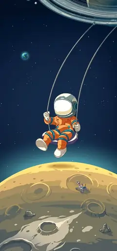 Hochauflösendes Handy-Hintergrundbild (Wallpaper) mit einem niedlichen Astronauten in einem orangefarbenen Raumanzug, der auf einer Schaukel schaukelt, die von einem beringten Planeten herabhängt, über der Mondoberfläche mit einem Mondfahrzeug (Rover).