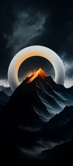 Dunkler Berggipfel mit leuchtender Sonnenfinsternis dramatischem Himmel und mystischer Atmosphäre als Handy Hintergrundbild