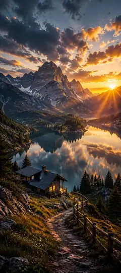 majestätische berglandschaft mit alpensee und sonnenuntergang als berge hintergrundbilder und kostenlose handy hintergrundbilder 4k für iphone und samsung.