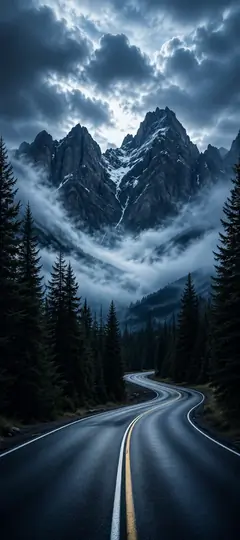 kurvige bergstraße durch nebelige alpenlandschaft mit dunklem wald als berge hintergrundbilder und kostenlose handy hintergrundbilder 4k für iphone und samsung.