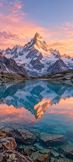 Schneebedeckter Berg im orange-rosa Licht mit Spiegelung in einem türkisblauen Bergsee und sichtbaren Steinen im klaren Vordergrund.