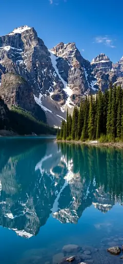 Natur Handy Hintergrundbild mit türkisblauem Bergsee, Tannenwald und schneebedeckten Bergen.