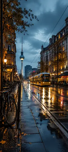 Berlin bei Regen mit Straßenbahn, nasser Straße und Fernsehturm als 4K Handy Hintergrundbild