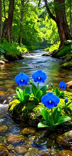 Magisches Natur Handy Hintergrundbild mit blauem Blumenfeld an einem ruhigen Waldfluss.