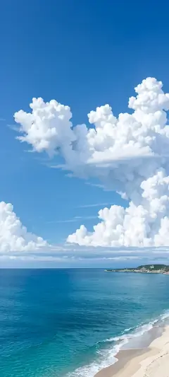Blauer Ozean unter großen weißen Wolken mit ruhiger hintergrundbilder Küsten- und Sommerstimmung.