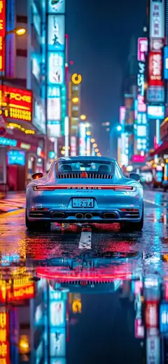 Ein blauer Porsche 911 parkt bei Nacht auf einer nassen Straße mit bunten Neonlicht-Reflexionen als Handy Hintergrundbild.