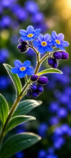 Leuchtend blaue Blumen mit weichem Bokeh-Hintergrund als ästhetisches 4K Blumen Hintergrundbild für Smartphones.