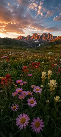 farbenfrohe alpenblumenwiese vor bergen bei sonnenuntergang als blumen hintergrundbilder und kostenlose hintergrundbilder 4k für iphone.