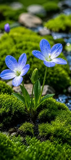blaue frühlingsblumen auf grünem moos als blumen hintergrundbilder und kostenlose hintergrundbilder 4k für iphone.