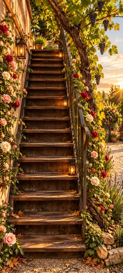 Rustikale Holztreppe mit Rosen, grünen Kletterpflanzen und warmem Sonnenlicht in einem ländlichen Garten als Natur Hintergrundbild