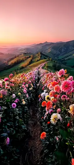 Bunter Blumenweg in den Bergen bei Sonnenuntergang mit romantischer Naturstimmung.