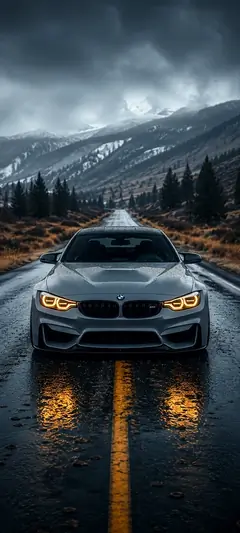 Grauer BMW M4 auf regennasser Straße vor Bergen mit epischer auto wallpaper Atmosphäre in 4K.