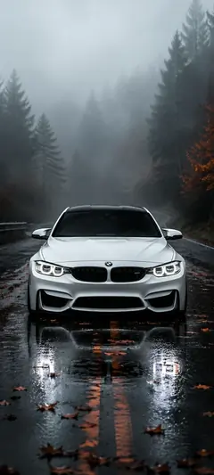 Weißer BMW M4 auf regennasser Straße im nebligen Wald mit dunkler auto wallpaper Atmosphäre in 4K.