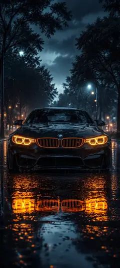 Schwarzer BMW M4 bei Nacht im Regen mit leuchtenden Scheinwerfern als 4K Handy Hintergrundbild
