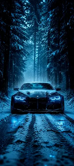 Schwarzer BMW M4 im verschneiten Wald mit blauen LED-Lichtern und dunkler auto wallpaper Atmosphäre in 4K.