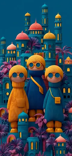 Kreatives 3D Handy Hintergrundbild mit bunten Cartoon Figuren und futuristischer Fantasy Stadt.