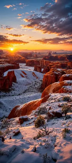 Verschneiter roter Canyon bei Sonnenuntergang mit dramatischen Wolken als 4K Smartphone Hintergrundbild