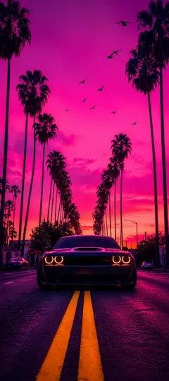 schwarzes muscle car auf palmenstraße bei pinkem sonnenuntergang als coole hintergrundbilder und auto hintergrundbilder in 4k.
