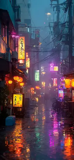 Cyberpunk Stadt bei Nacht mit lila Neon-Beleuchtung und Regen auf der Straße – 4K Smartphone Wallpaper.