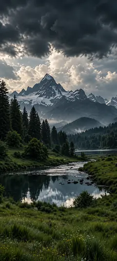 iPhone 18 Hintergrundbild mit schneebedeckten Bergen, dunklen Gewitterwolken, Nadelwald und spiegelndem Fluss für iPhone 18 Pro und iPhone 18 Pro Max