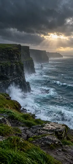 Dramatische Meeresklippen über stürmischem Ozean mit hohen Wellen, dunklen Gewitterwolken und Sonnenstrahlen als Natur Hintergrundbild