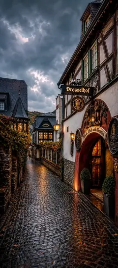 Drosselgasse in Rüdesheim am Rhein mit historischem Drosselhof, Fachwerkhäusern und nassem Kopfsteinpflaster bei bewölktem Himmel