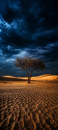 Einsamer Baum in trockener Wüstenlandschaft mit dunklen Sturmwolken und goldenen Dünen als vertikales Handy Wallpaper